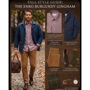 Enro Mens Non-Iron Poplin Dress Shirt 16.5 34-35 Burgundy Micro Check Cotton